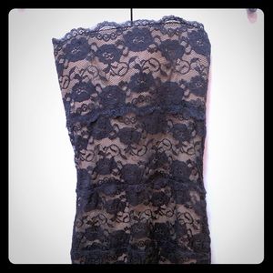 New Black lace over tan / nude strapless dress